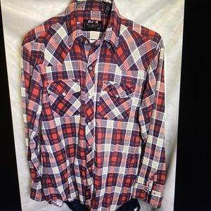 BJ-R Men’s L Plaid Long Tail Form Western Shirt w/Snaps Note: Worn collar